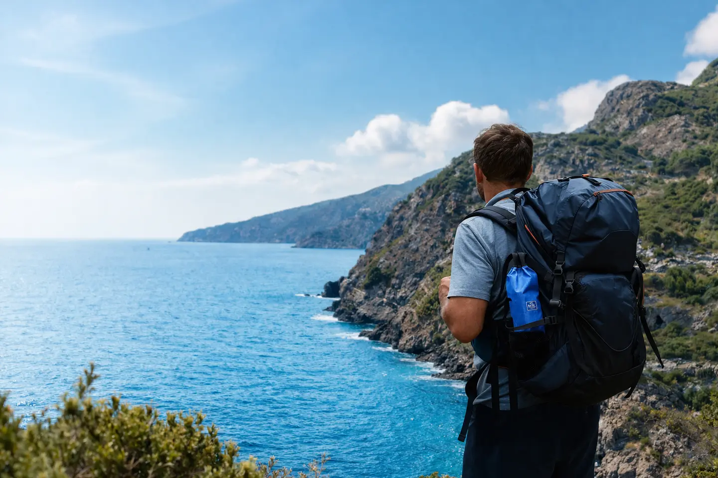 Traveler with backpack overlooking the coast